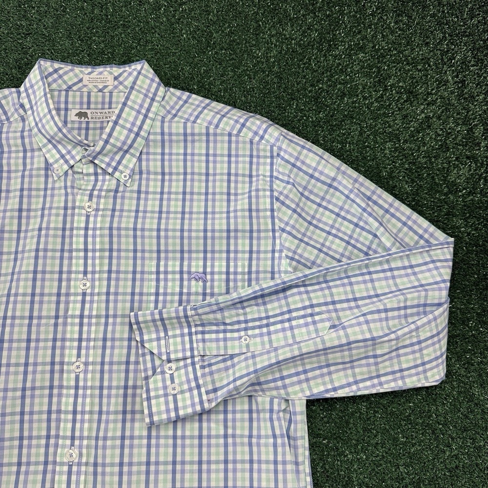 Onward Reserve Tailored Fit Men's Long Sleeve Button Shirt Size XL Blue Plaid